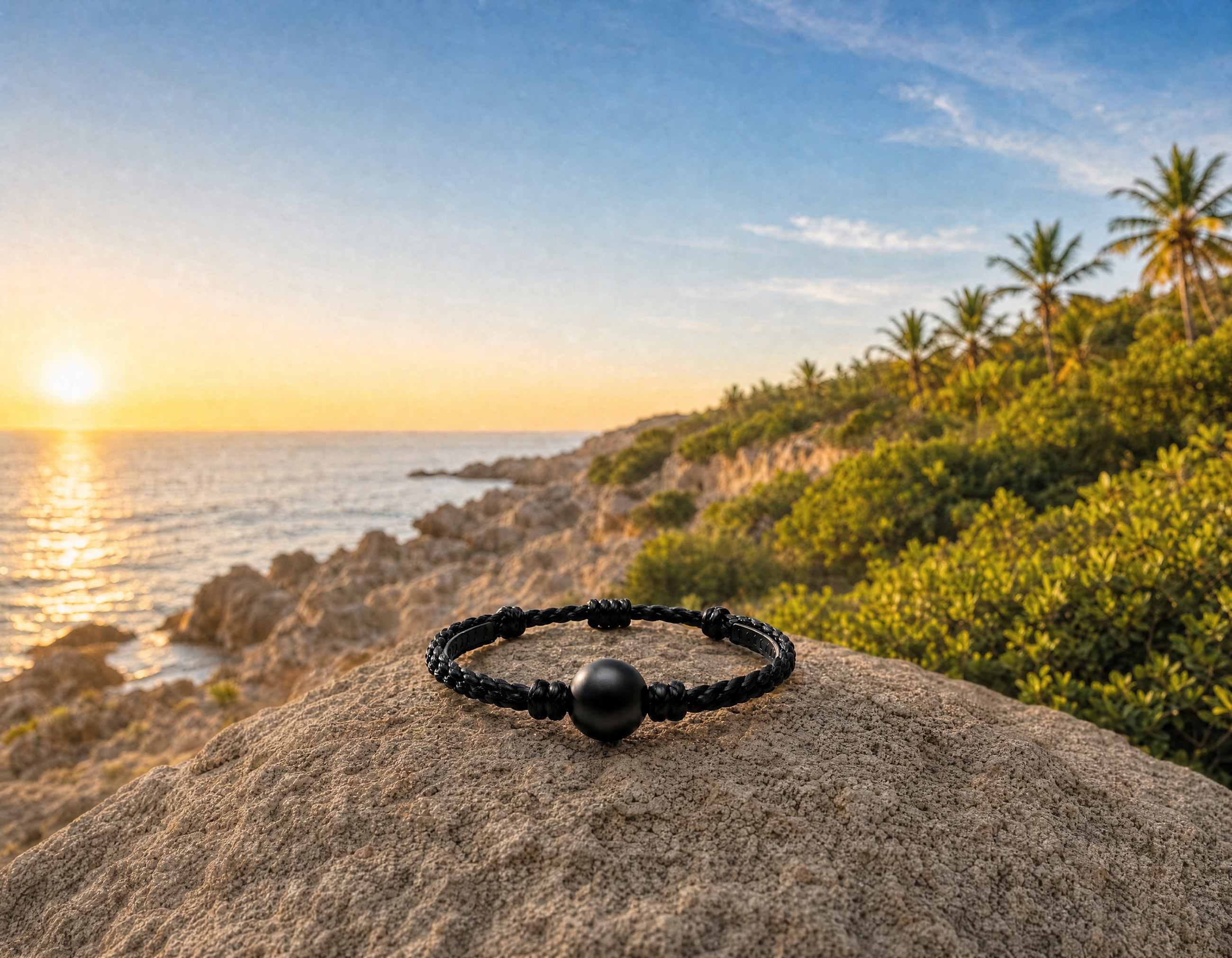 The Zinq band resting on a sandstone rock overlooking the ocean at sunset, palm-lined cliffs in the background